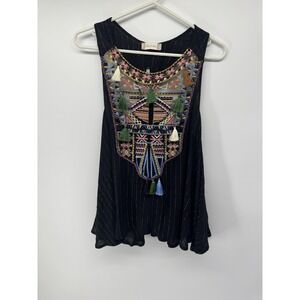 Altar'd State Tank Top Womens Large Black Embroidered Tassel Boho Tunic